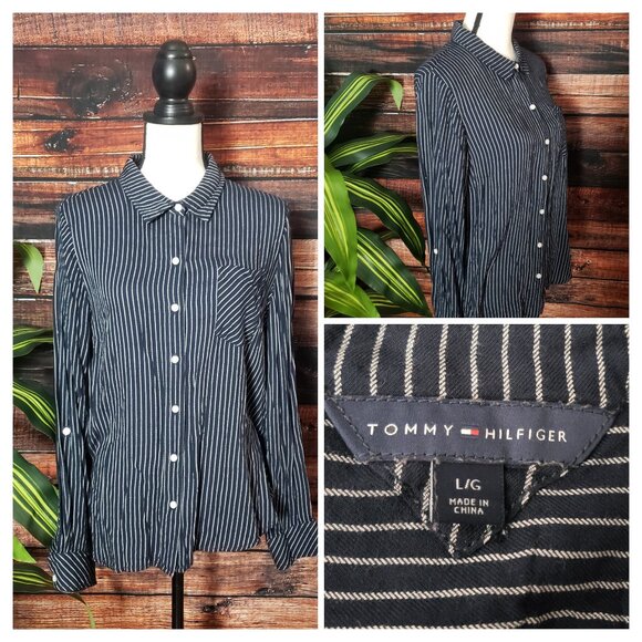 Tommy Hilfiger Large Top Blouse Navy Blue Striped Flowy Rayon Roll Tab Cuffs - Picture 1 of 9
